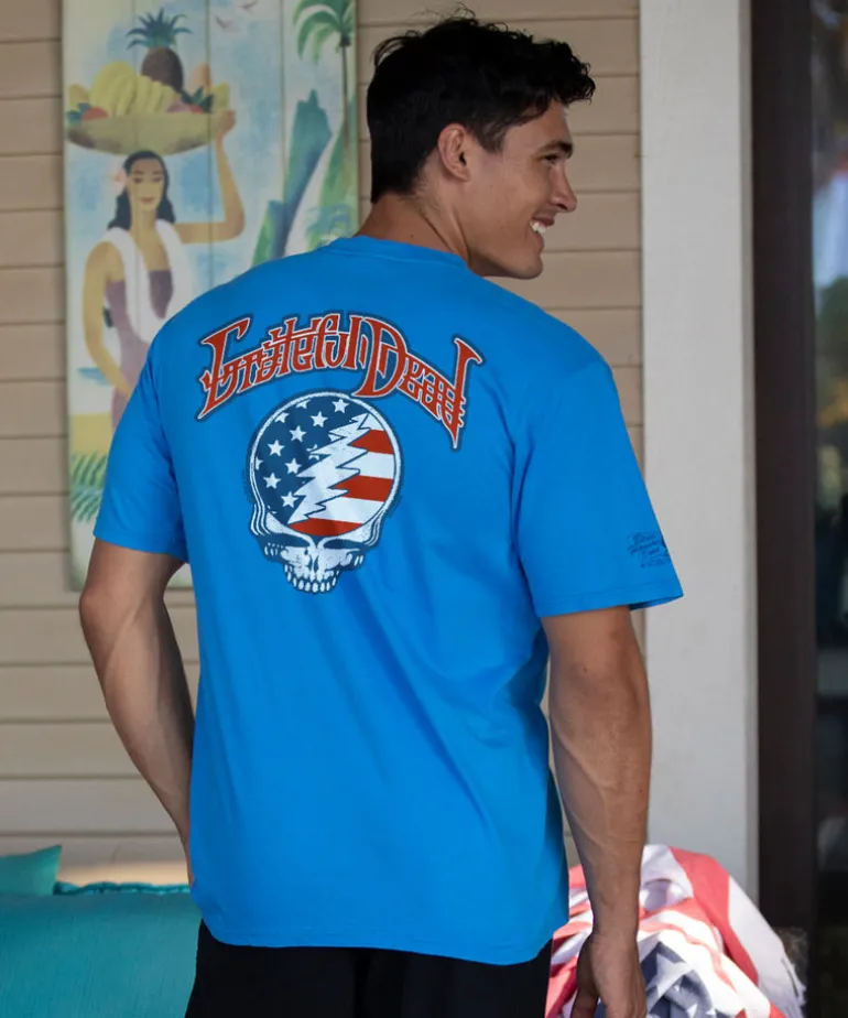 Grateful Dead American Flag - Blue Hawaii Dyed Short Sleeve Crewneck T-Shirt