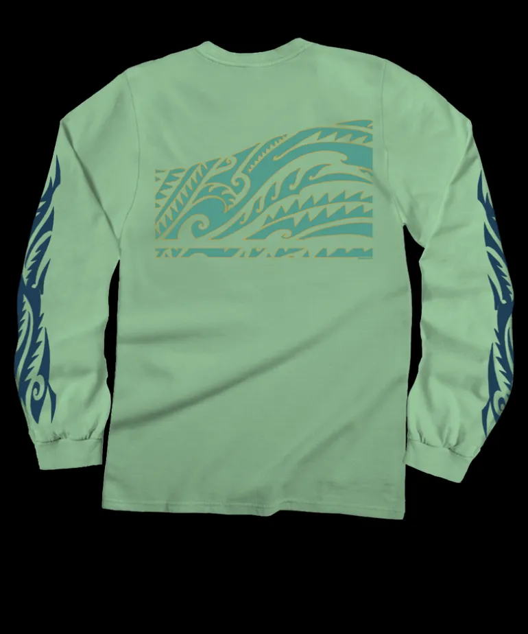 Honu Tribal Mauka - Key Lime Dyed Long Sleeve Crewneck T-Shirt