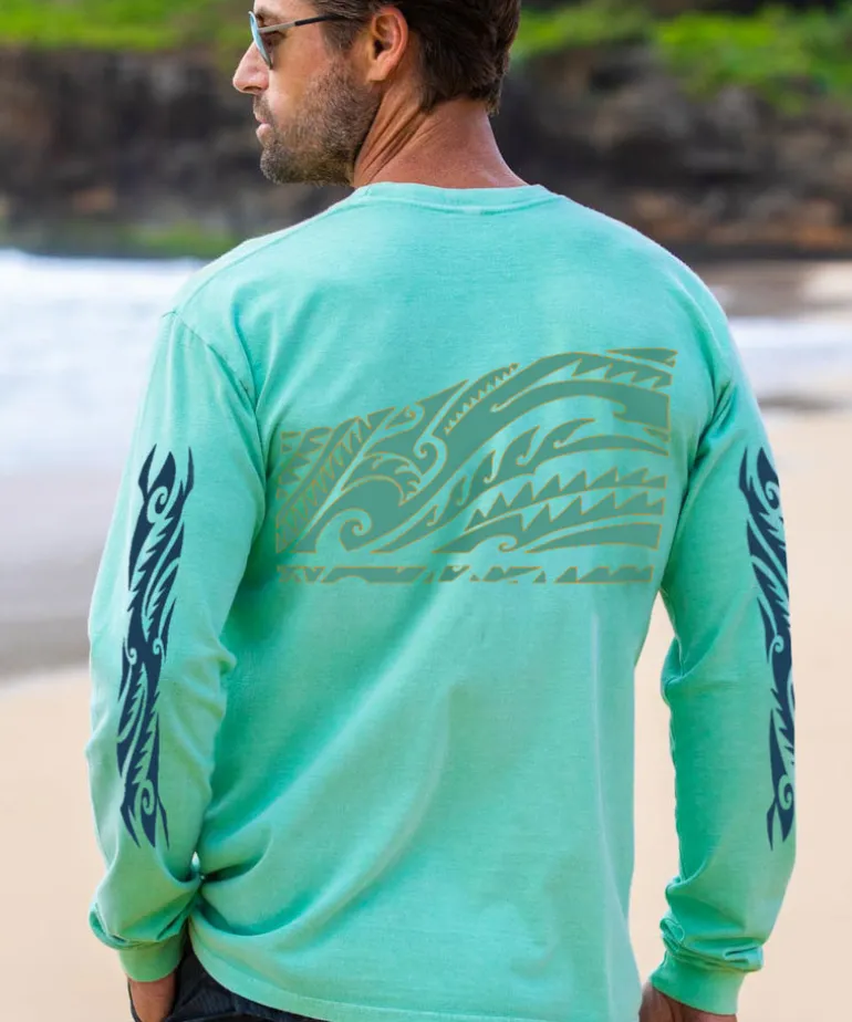 Honu Tribal Mauka - Key Lime Dyed Long Sleeve Crewneck T-Shirt