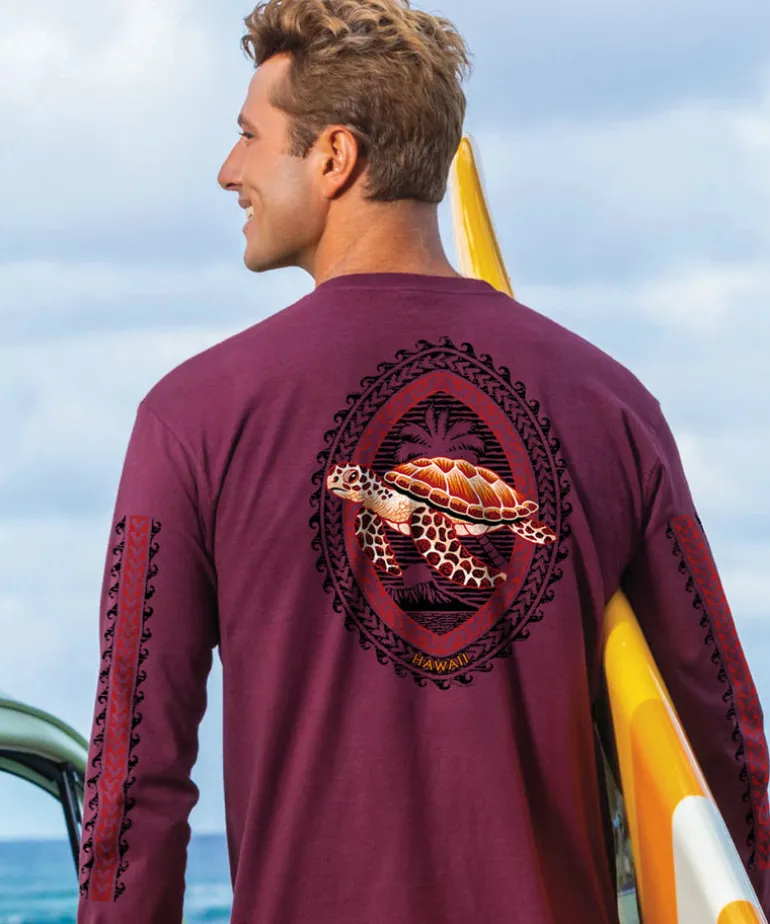 Honu Tribal Woodcut - Wine Dyed Long Sleeve Crewneck T-Shirt