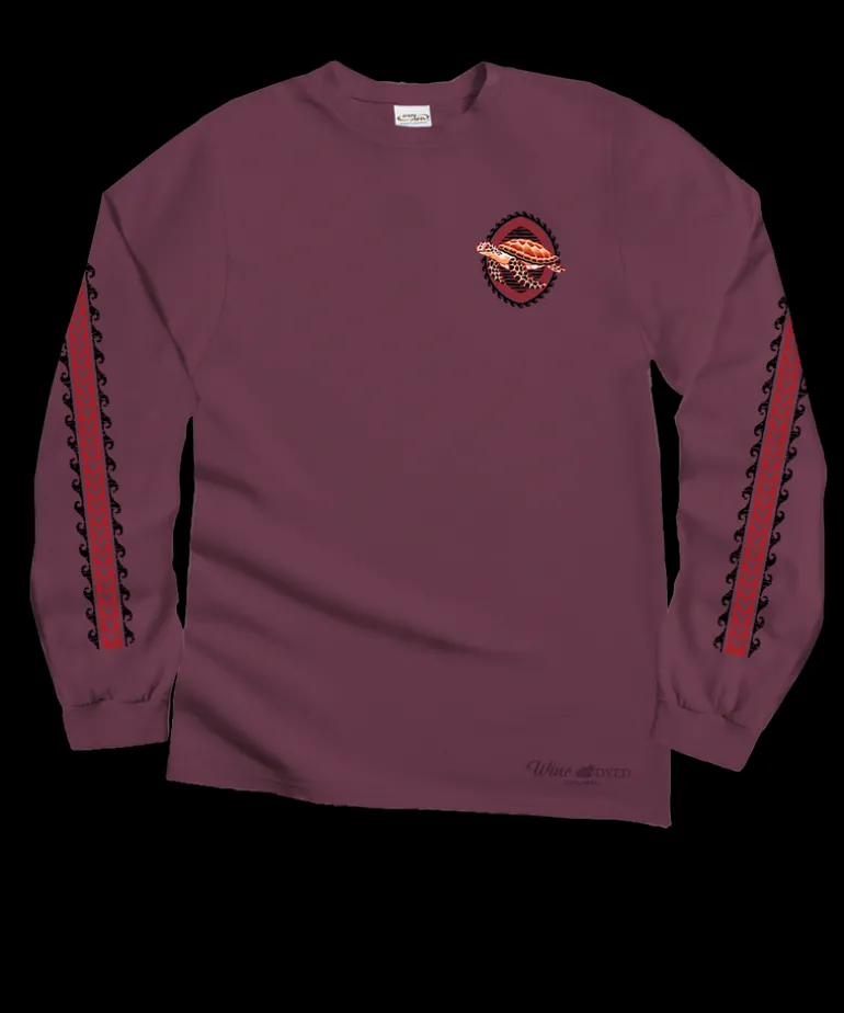 Honu Tribal Woodcut - Wine Dyed Long Sleeve Crewneck T-Shirt