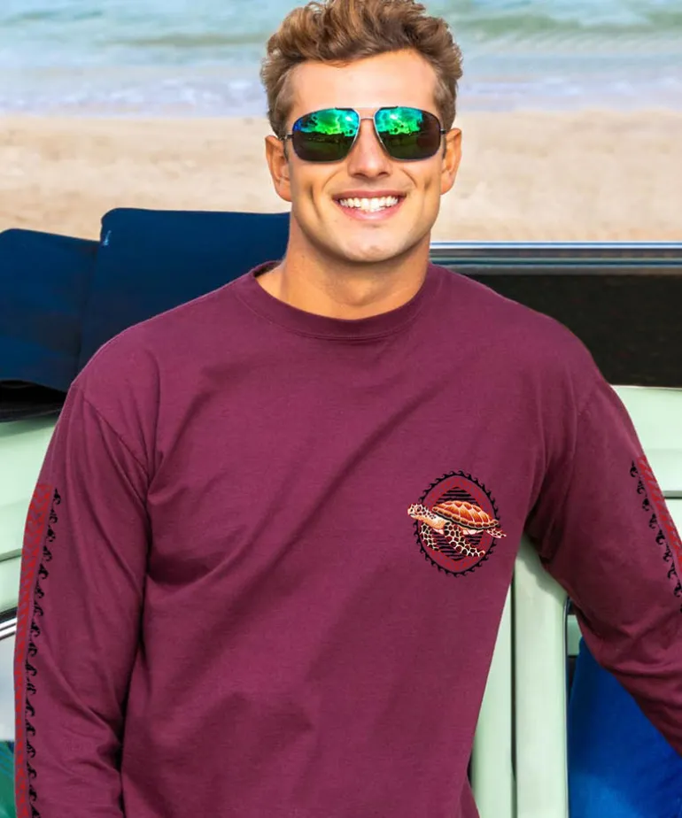 Honu Tribal Woodcut - Wine Dyed Long Sleeve Crewneck T-Shirt
