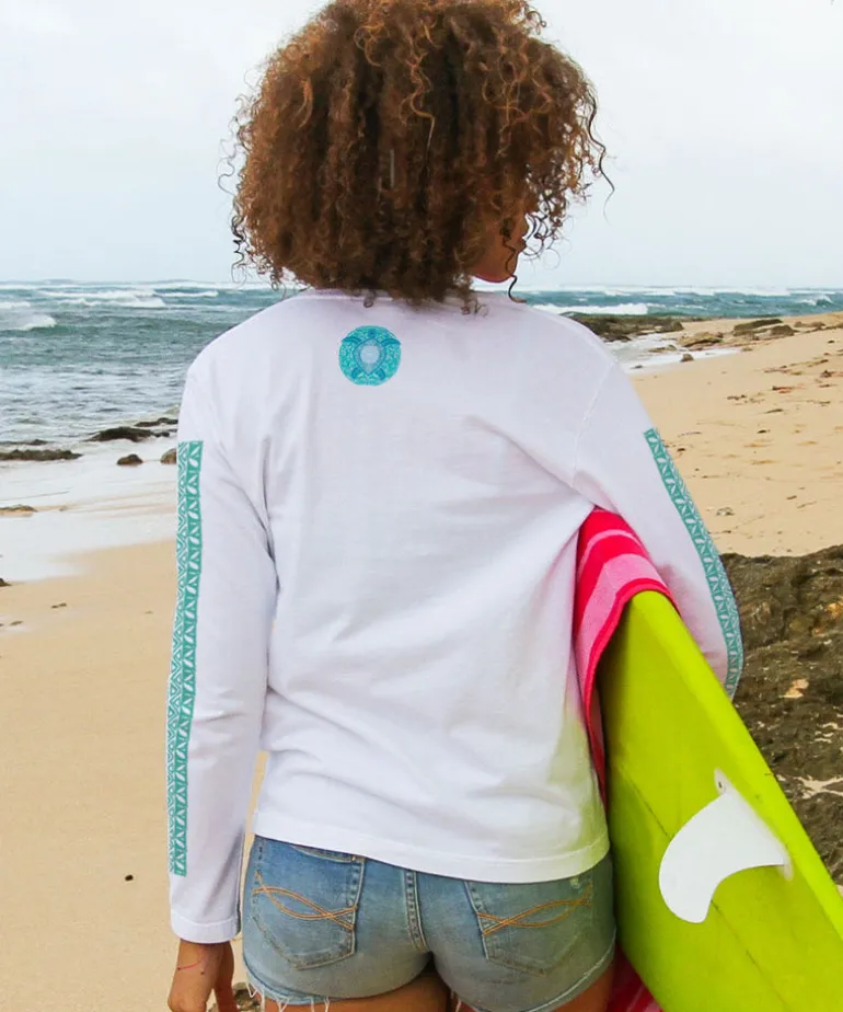 Ocean Blue - White Long Sleeve Crewneck T-Shirt
