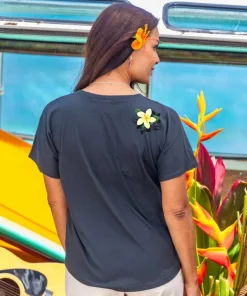 Plumeria Bloom - Charcoal Short Sleeve Dolman V-Neck Tee