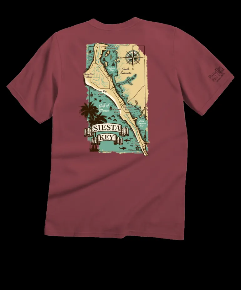 Siesta Key Map - Paradise Red Dyed Short Sleeve Crewneck T-Shirt