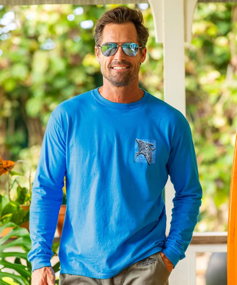 Tribal Manta Block - Blue Hawaii Dyed Long Sleeve Crewneck T-Shirt