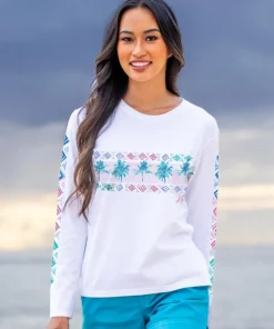 Row Of Palms - White Long Sleeve Crewneck T-Shirt