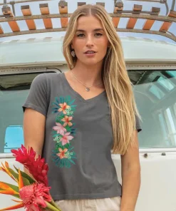 Tropical Beauty - Graphite Short Sleeve Pima V-Neck T-Shirt